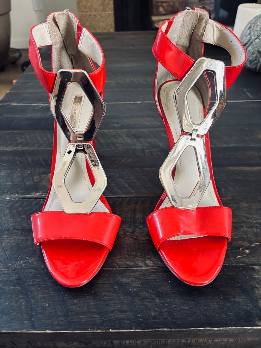 BCBGeneration Red Patent Heeled Sandals with Silver Geometric Hardware